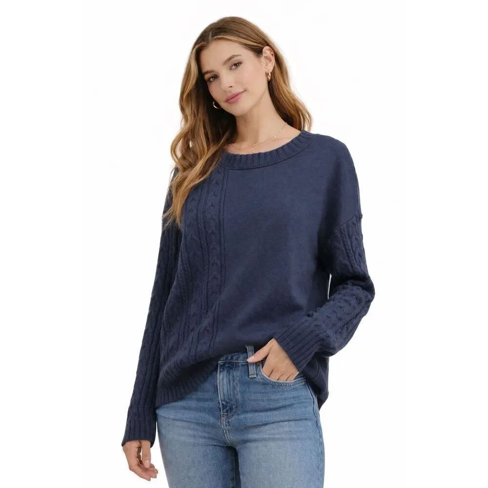 Time & Tru Mixed Media Sweatshirt Navy Blue Cable Knit Pullover NWT M 8/10